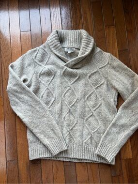 Luca Nobili Wool Blend Shawl Neck Cable Knit Sweater in Beige